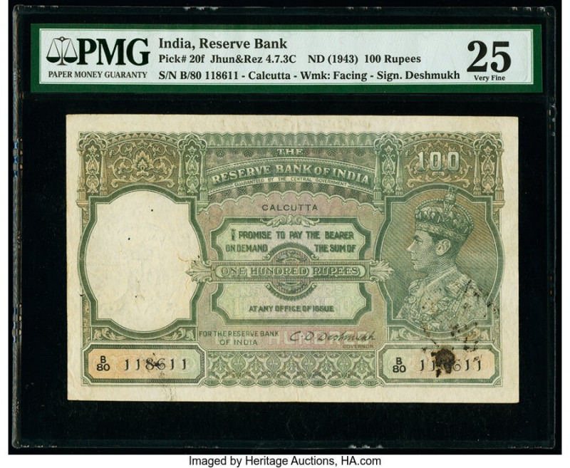 India Reserve Bank of India, Calcutta 100 Rupees ND (1943) Pick 20f Jhunjhunwall...