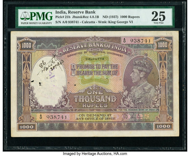 India Reserve Bank of India 1000 Rupees ND (1937) Pick 21b Jhunjhunwalla-Razack ...