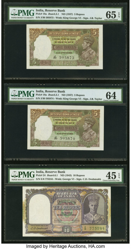 India Reserve Bank Group Lot of 5 PMG Graded Examples. The first three notes in ...