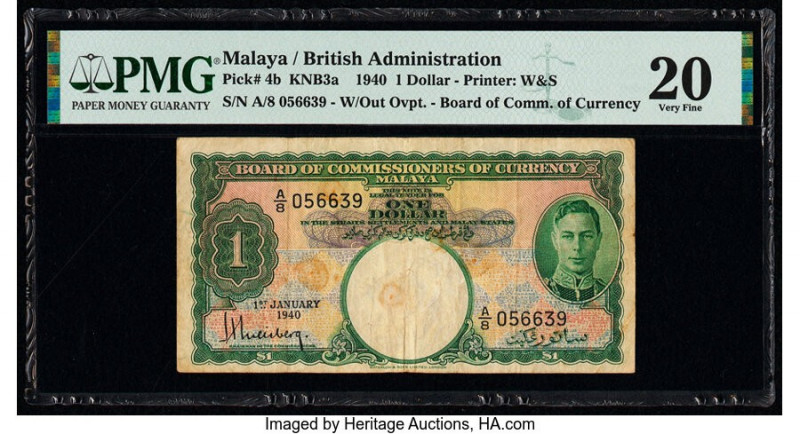 Malaya Board of Commissioners of Currency 1 Dollar 1.1.1940 Pick 4b KNB3a PMG Ve...