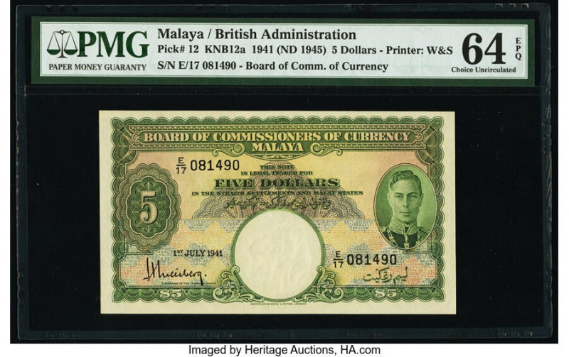 Malaya Board of Commissioners of Currency 5 Dollars 1.7.1941 (ND 1945) Pick 12 K...