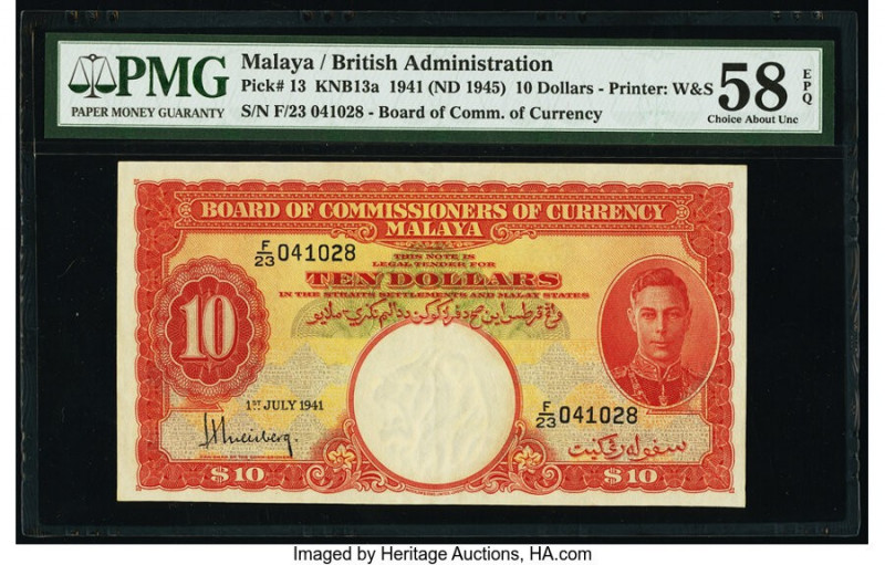 Malaya Board of Commissioners of Currency 10 Dollars 1.7.1941 (ND 1945) Pick 13 ...