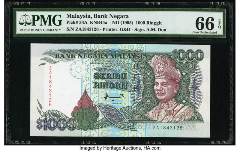 Malaysia Bank Negara 1000 Ringgit ND (1995) Pick 34A KNB45a-b PMG Gem Uncirculat...