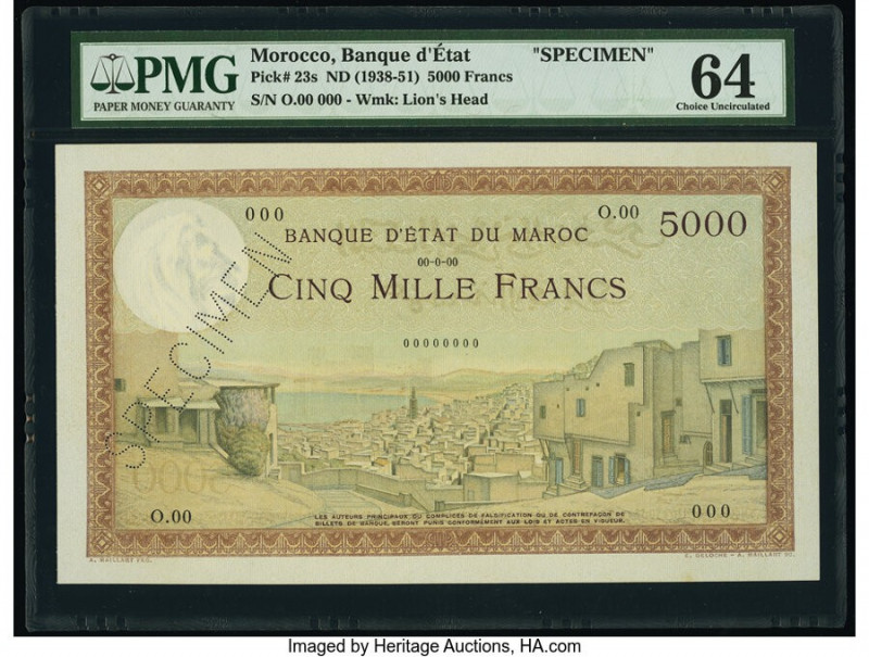 Morocco Banque d'Etat du Maroc 5000 Francs ND (1938-51) Pick 23s Specimen PMG Ch...