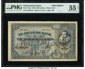 Netherlands Indies Javasche Bank 500 Gulden 8.1.1926 Pick 76as Specimen PMG About Uncirculated 55 Net. A fully issued banknote was transformed to a Sp...
