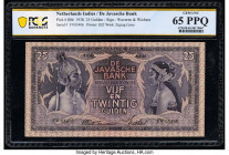 Netherlands Indies Javasche Bank 25 Gulden 8.11.1938 Pick 80b PCGS Banknote Gem UNC 65 PPQ. Pack fresh originality is seen on this desirable denominat...