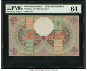 Netherlands Indies Javasche Bank 50 Gulden ND (1968) (1930s) Pick 81sp Specimen Proof PMG Choice Uncirculated 64. A colorful and intricate partial des...
