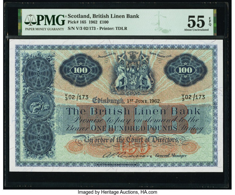 Scotland British Linen Bank 100 Pounds 1.6.1962 Pick 165 PMG About Uncirculated ...