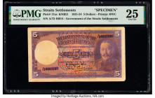 Straits Settlements Government of the Straits Settlements 5 Dollars 1.1.1933 Pick 17as KNB21 Specimen PMG Very Fine 25. This rare 1933 dated note is q...