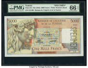 Tunisia Banque de l'Algerie 5000 Francs ND (1946) Pick 27s Specimen PMG Gem Uncirculated 66 EPQ. The gigantic size and splendid design elements are si...