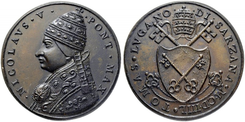 ITALIEN. SPEZIALSAMMLUNG PAPSTMEDAILLEN. Nikolaus V. 1447-1455. Bronzemedaille o...