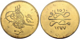 ÄGYPTEN. Abdul Aziz, 1861-1876. 5 Pounds 1874 (1277 H., Jahr 15). Schl. 1531. Fr. 10. Sehr selten. Nur 56 Exemplare geprägt / Very rare. Only 56 piece...