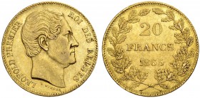 BELGIEN. Königreich. Leopold I. 1831-1865. 20 Francs 1865, Brüssel. 6.43 g. Schl. 15. Fr. 411. Gutes sehr schön / Good very fine.
