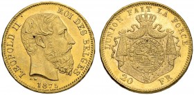 BELGIEN. Königreich. Leopold II. 1865-1909. 20 Francs 1875, Brüssel. 6.45 g. Schl. 23. Fr. 412. FDC / Uncirculated.