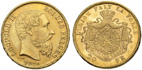 BELGIEN. Königreich. Leopold II. 1865-1909. 20 Francs 1876, Brüssel. 6.47 g. Schl. 24. Fr. 412. FDC / Uncirculated.