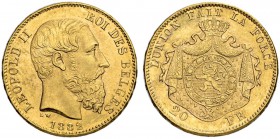 BELGIEN. Königreich. Leopold II. 1865-1909. 20 Francs 1882, Brüssel. 6.44 g. Schl. 27. Fr. 412. FDC / Uncirculated.