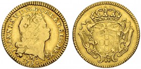 BRASILIEN. João V. 1706-1750. 1/2 Escudo (800 Reis) 1730 M, Minas Gerais. 1.75 g. Gomes 45.04. Fr. 59. Selten / Rare. Fast sehr schön / About very fin...