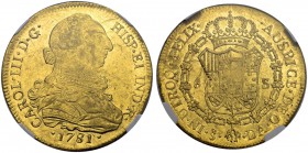 CHILE. Carlos III. 1759-1788. 8 Escudos 1781 (über 1779), DA-Santiago. Cayon 12935. Fr. 15. Kratzer / Scratches. NGC UNC Details. Fast vorzüglich / Ab...