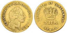 DÄNEMARK. Friedrich V. 1746-1766. 12 Mark 1762, Kopenhagen. 3.04 g. Hede 22 E. Fr. 269. Schön-sehr schön / Fine-very fine.