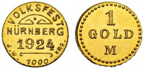 DEUTSCHLAND. Nürnberg, Stadt. 1 Goldmark 1924. Auf das Volksfest. Geprägt vom Nürnberger Goldschmied Josef Wild. 0.35 g. Fischer 1.02. Sehr selten / V...