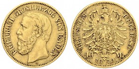 DEUTSCHLAND. Deutsche Goldmünzen seit 1871. Baden, Grossherzogtum. Friedrich I. 1852-1907. 10 Mark 1872 G, Karlsruhe. 3.92 g. J. 183. Fr. 3755. Sehr s...