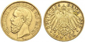 DEUTSCHLAND. Deutsche Goldmünzen seit 1871. Baden, Grossherzogtum. Friedrich I. 1852-1907. 10 Mark 1893 G, Karlsruhe. 3.92 g. J. 188. Fr. 3757. Sehr s...