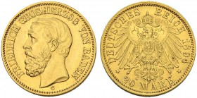 DEUTSCHLAND. Deutsche Goldmünzen seit 1871. Baden, Grossherzogtum. Friedrich I. 1852-1907. 20 Mark 1894 G, Karlsruhe. 7.94 g. J. 189. Fr. 3754. Vorzüg...
