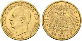 DEUTSCHLAND. Deutsche Goldmünzen seit 1871. Baden, Grossherzogtum. Friedrich II. 1907-1918. 20 Mark 1914 G, Karlsruhe. 7.95 g. J. 192. Fr. 3760. Vorzü...