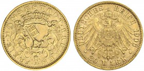 DEUTSCHLAND. Deutsche Goldmünzen seit 1871. Bremen, Hansestadt. 20 Mark 1906 J, Hamburg. 7.95 g. J. 205. Fr. 3773. Vorzüglich / Extremely fine.