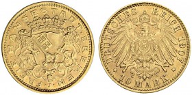 DEUTSCHLAND. Deutsche Goldmünzen seit 1871. Bremen, Hansestadt. 10 Mark 1907 J, Hamburg. 3.96 g. J. 204. Fr. 3774. Selten / Rare. Vorzüglich / Extreme...