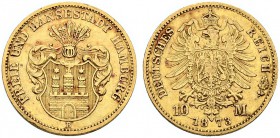 DEUTSCHLAND. Deutsche Goldmünzen seit 1871. Hamburg, Hansestadt. 10 Mark 1873 B, Hannover. 3.92 g. J. 206. Fr. 3778. Selten / Rare. Kleiner Randfehler...