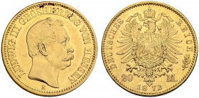 DEUTSCHLAND. Deutsche Goldmünzen seit 1871. Hessen, Grossherzogtum. Ludwig III. 1848-1877. 20 Mark 1872 H, Darmstadt. 7.94 g. J. 214. Fr. 3783. Fast v...