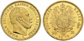 DEUTSCHLAND. Deutsche Goldmünzen seit 1871. Preussen, Königreich. Wilhelm I. 1861-1888. 20 Mark 1872 A, Berlin. 7.96 g. J. 243A. Fr. 3813. Fast FDC / ...