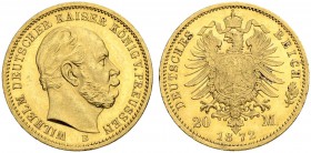 DEUTSCHLAND. Deutsche Goldmünzen seit 1871. Preussen, Königreich. Wilhelm I. 1861-1888. 20 Mark 1872 B, Hannover. 7.96 g. J. 243B. Fr. 3813. Vorzüglic...