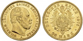 DEUTSCHLAND. Deutsche Goldmünzen seit 1871. Preussen, Königreich. Wilhelm I. 1861-1888. 20 Mark 1875 A, Berlin. 7.96 g. J. 246A. Fr. 3817. Gutes vorzü...