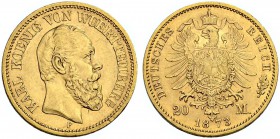DEUTSCHLAND. Deutsche Goldmünzen seit 1871. Württemberg, Königreich. Karl, 1864-1891. 20 Mark 1873 F, Stuttgart. 7.94 g. J. 290. Fr. 3870. Vorzüglich ...