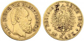 DEUTSCHLAND. Deutsche Goldmünzen seit 1871. Württemberg, Königreich. Karl, 1864-1891. 10 Mark 1874 F, Stuttgart. 3.92 g. J. 292. Fr. 3873. Sehr schön ...