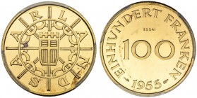 DEUTSCHLAND. Deutsche Goldmünzen seit 1871. Saarland. 100 Franken 1955. ESSAI. Schaaf S. 393. KM E7. Sehr selten, nur 50 Exemplare geprägt. PCGS SP64....