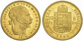 RDR / ÖSTERREICH. Franz Joseph I. 1848-1916. 8 Forint-20 Francs 1889, Kremnitz. 6.44 g. Huszar 2117. Schl. 72. Fr. 243. Vorzüglich / Extremely fine.