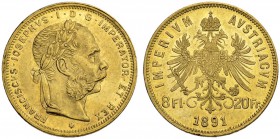 RDR / ÖSTERREICH. Franz Joseph I. 1848-1916. 8 Florin-20 Francs 1891, Wien. 6.44 g. Schl. 608. Fr. 502. Fast vorzüglich / About extremely fine.