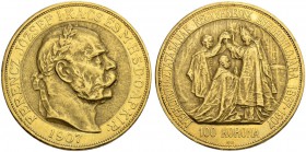 RDR / ÖSTERREICH. Franz Joseph I. 1848-1916. 100 Kronen 1908. 60. Regierungsjubiläum. 33.86 g. Schl. 646. Fr. 514. Sehr schön / Very fine.