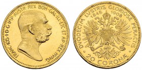 RDR / ÖSTERREICH. Franz Joseph I. 1848-1916. 20 Kronen 1908, Wien. 60. Regierungsjubiläum. 6.76 g. Schl. 647. Fr. 515. Vorzüglich-FDC / Extremely fine...
