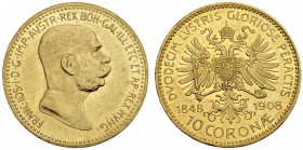 RDR / ÖSTERREICH. Franz Joseph I. 1848-1916. 10 Kronen 1908, Wien. 60. Regierungsjubiläum. 3.37 g. Schl. 648. Fr. 516. Fast FDC / About uncirculated....