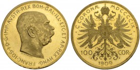 RDR / ÖSTERREICH. Franz Joseph I. 1848-1916. 100 Kronen 1909, Wien. 33.84 g. Schl. 651. Fr. 507. Vorzüglich-FDC / Extremely fine-uncirculated.