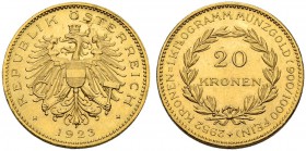 RDR / ÖSTERREICH. I. Republik. 1918-1938. 20 Kronen 1923, Wien. 6.77 g. Schl. 677. Fr. 519. Vorzüglich / Extremely fine.