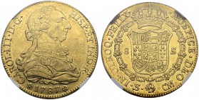 SPANIEN. Königreich. Carlos III. 1759-1788. 8 Escudos 1787 (über 1786), CM-Sevilla. Cayon 12998. Fr. 283. Kleine Kratzer / Small scratches. NGC AU58. ...