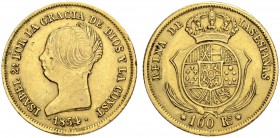 SPANIEN. Königreich. Isabella II. 1833-1868. 100 Reales 1854, Sevilla. 8.34 g. Cayon 17363. Schl. 232. Fr. 330. Kleiner Randfehler / Minor edge nick. ...