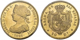 SPANIEN. Königreich. Isabella II. 1833-1868. 10 Escudos 1868 (1868), Madrid. Schl. 267. Fr. 336. PCGS MS63 FDC / Uncirculated.
