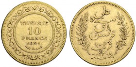 TUNESIEN. Ali Bei, 1299-1320 AH (1882-1902). 10 Francs 1891 A, Paris. 3.22 g. Schl. 627. Fr. 13. Kleiner Schrötlingsfehler / Minor planchet defect. Se...