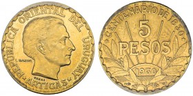 URUGUAY. Republik. 5 Pesos 1930. Probe (Essai) von L. Bazor. 100-Jahrfeier der Republik. KM E14. Sehr selten. Nur 60 Exemplare geprägt / Very rare. On...